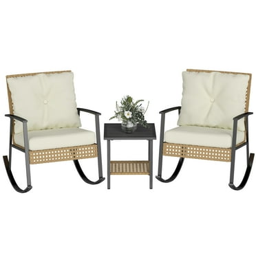 3 Piece Outdoor Rocking Chairs, Outdoor Patio Furniture Set with Thick Cushion and Coffee Table, Rattan Rocking Bistro Set for Grand Porch Balcony Garden