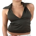 thumbnail image 1 of Women Summer Halterneck Tops V-neck Solid Color Backless Crop Tops, 1 of 8