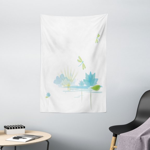 Dragonfly Tapestry, Waterlily and Dragonfly Nature Background Clouds Lake Sun Design, Wall Hanging for Bedroom Living Room Dorm Decor, 40W X 60L Inches, Apple Green Pale Blue, by Ambesonne