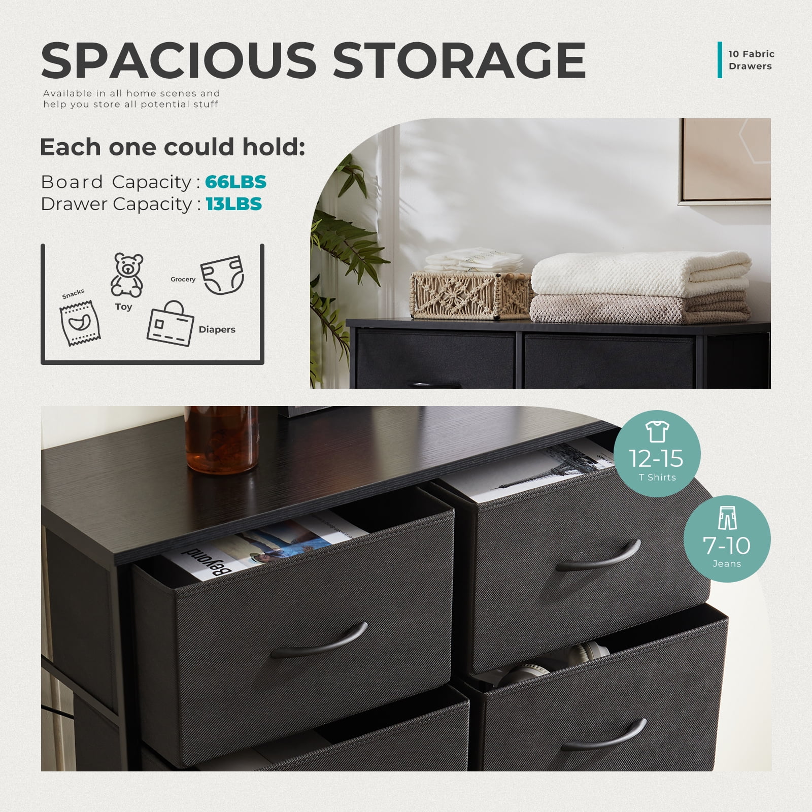 MAYEERTY 10 Drawer Dresser ,Fabric Storage Dressers for Versatile Storage in Living Rooms, Black