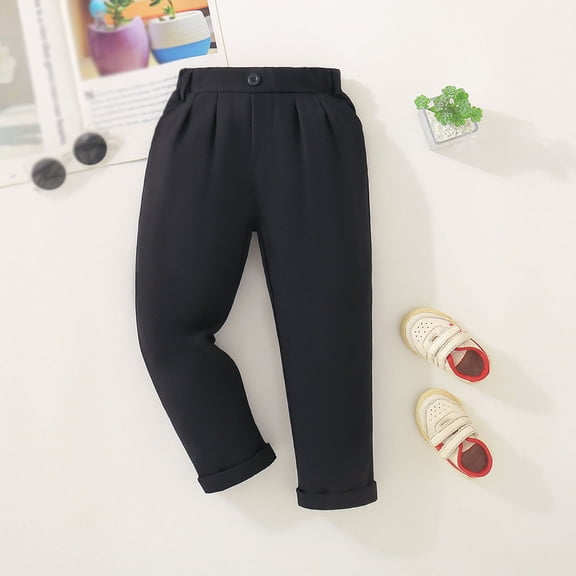 MAIHAN-Boys Korean Style Dress Pants | Solid Color Flat Front Casual Trousers with Button & Pockets | Tailored Fit for Special Occasions, School(Black,4-5Years)