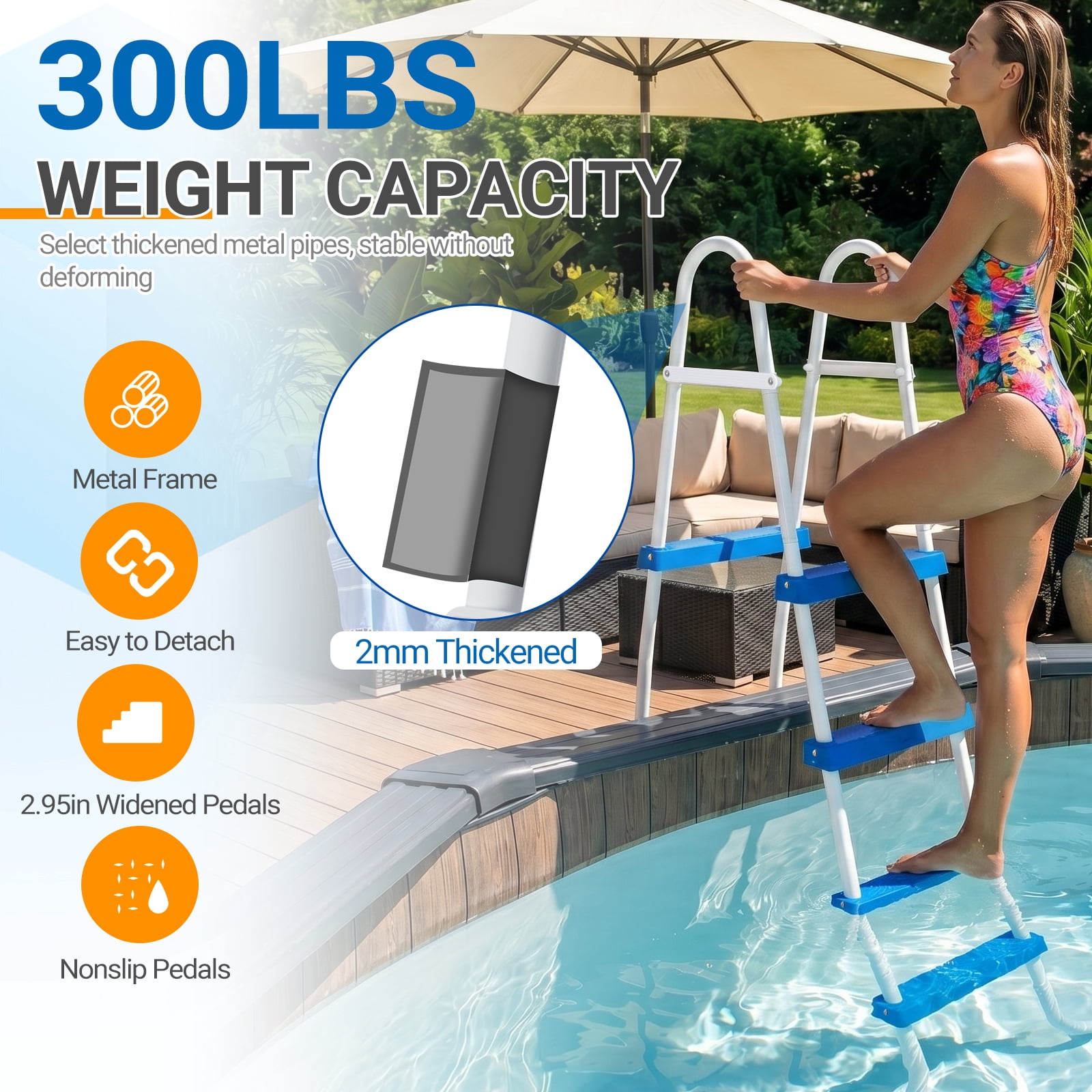 Zimtown 4-Step Pool Ladder, 52 Inch Above Ground Swimming Pool Ladder with White Metal Frame & Blue Steps, Heavy-Duty Entry Ladder
