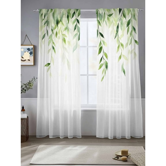 Spring Green Leaves Sheer Curtains for Living Room Bedroom Summer Botanical Natural Vines Sheer Curtains 96 Inch Long 2 Panels Set Light Filtering Curtain Window Treatments Drapes for Dining Room