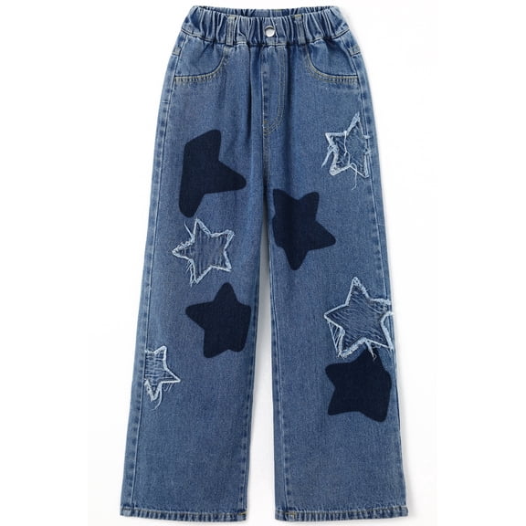KIDSCOOL SPACE Girls Star Patchwork Jeans, Kids Distressed Wide Leg Denim Pants,Light Blue,7-8 Years