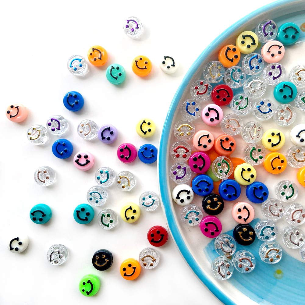 Smiley Face Beads 300Pcs Colorful Round Acrylic Craft Beads Funky Beads for DIY Jewelry Making Bracelets Earrings Necklaces Craft Supplies With 2 Rolls of Elastic Crystal Rope