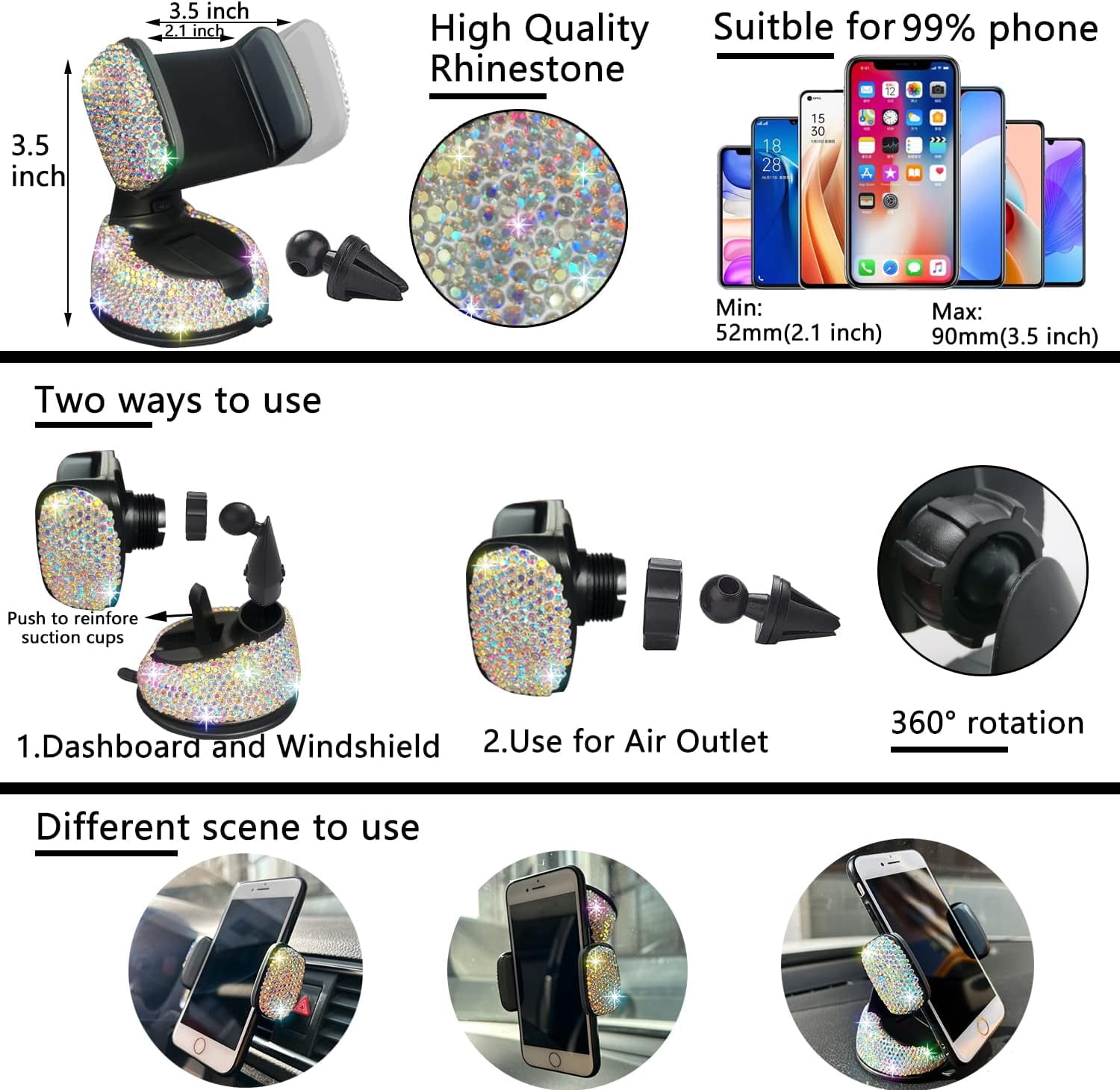 27 Pieces Bling Car Accessories Set for Women, Steering Wheel Covers Universal Fit 15 Inch, Bling Car Coasters, Bling License Plate Frame, Bling Phone Holder, Multicolor Diamond