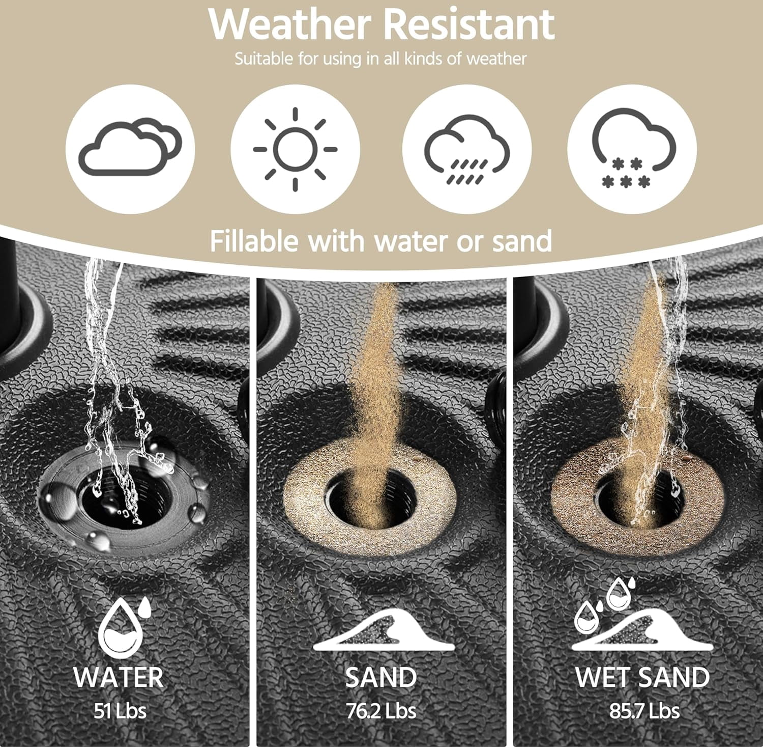 JessieMal Umbrella Base 85.7lbs Round Water & Sand Filled Patio Outdoor Umbrella Stand with Steel Umbrella Holder Suit for Dia 1.5'' or 1.9'' Umbrella Pole, Black