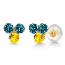 Gem Stone King 14K Yellow Gold London Blue Topaz and Yellow Sapphire Three Stone Stud Earrings for Women (0.79 Cttw, Gemstone November Birthstone, Round 3MM)
