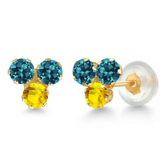 Gem Stone King 14K Yellow Gold London Blue Topaz and Yellow Sapphire Three Stone Stud Earrings for Women (0.79 Cttw, Gemstone November Birthstone, Round 3MM)