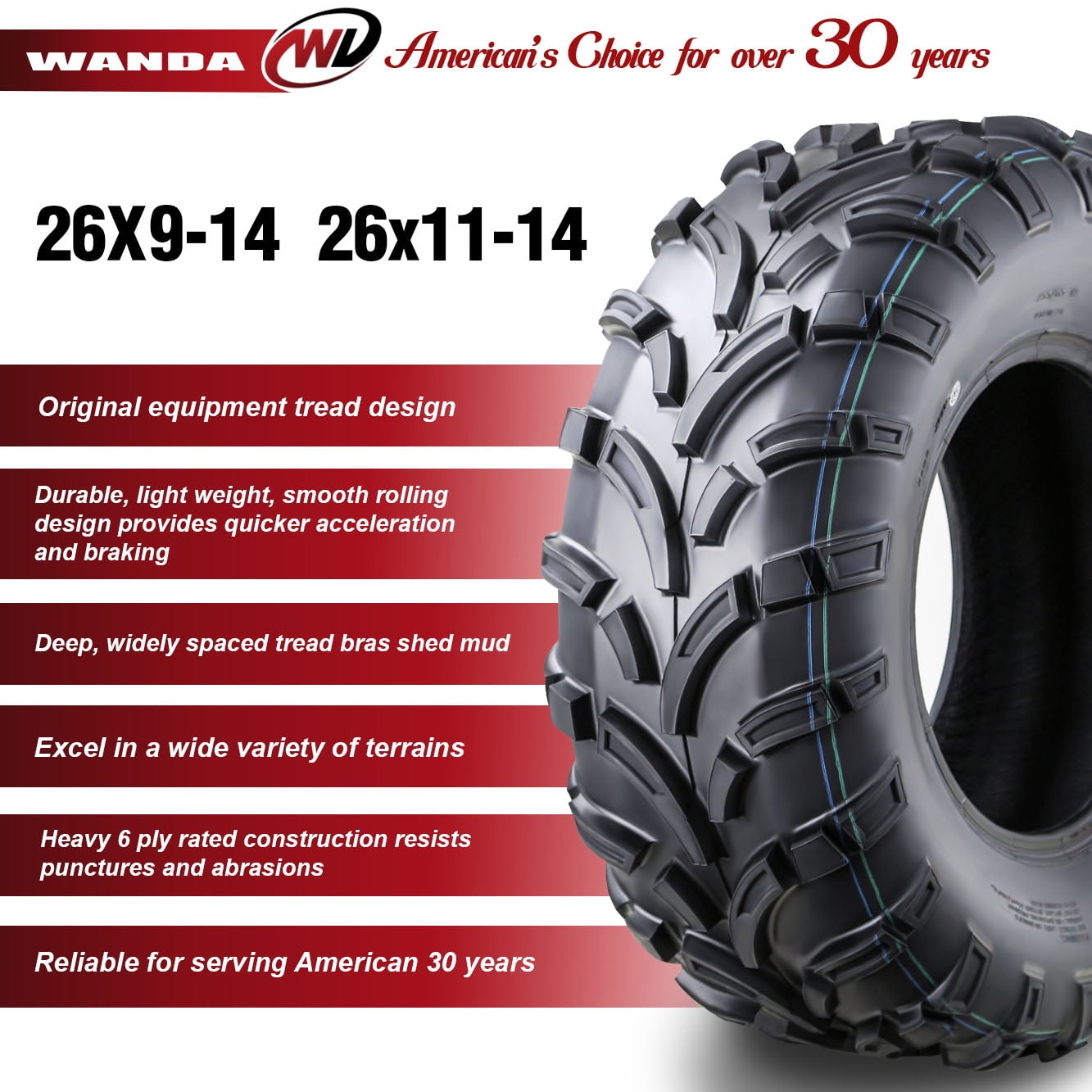 WANDA, ATV UTV Tires, 26x9-14 Front and 26x11-14 Rear, Mud Terrain