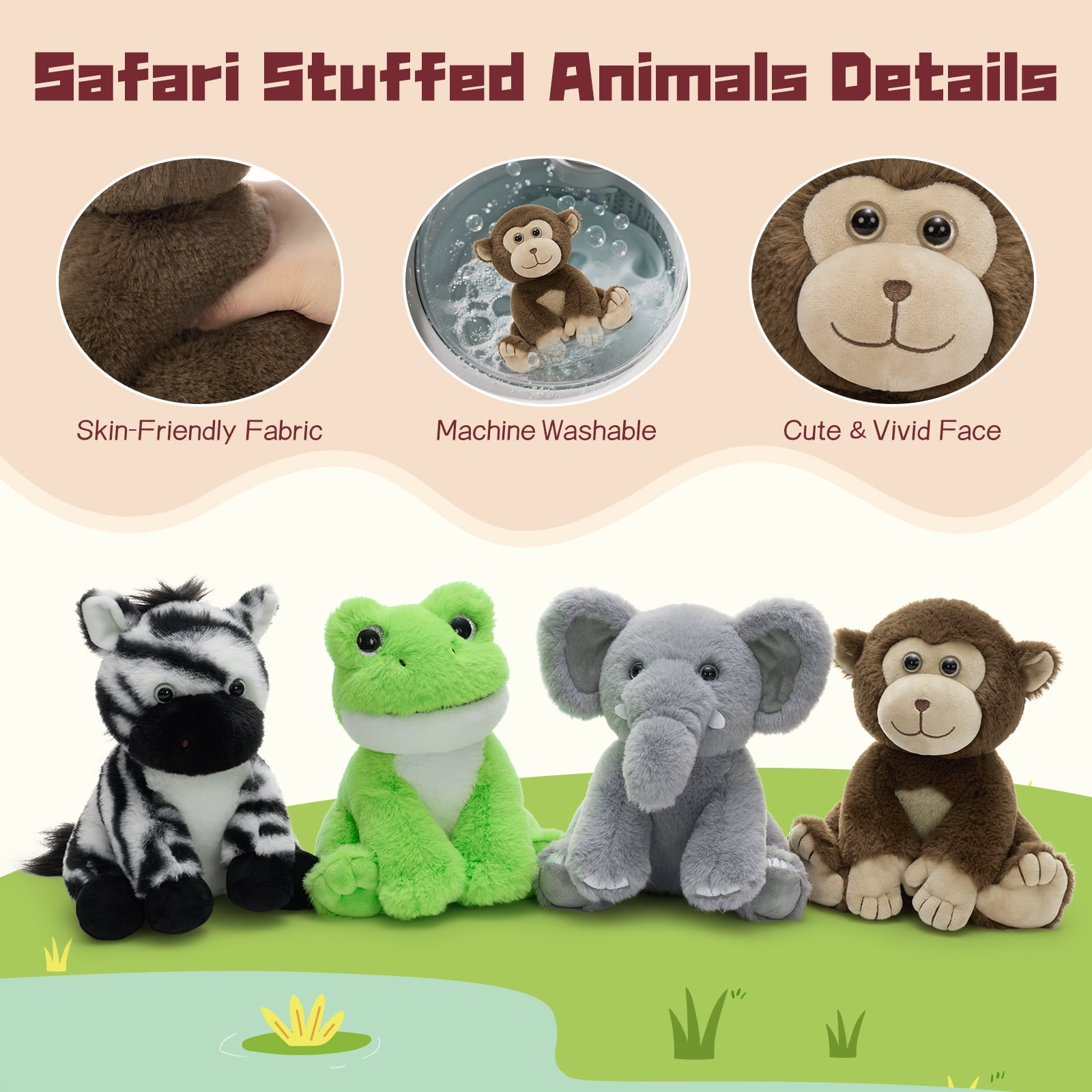 MaoGoLan 4-Packs 8" Soft Bulk Stuffed Animals and Plush Toys, Monkey, Zebra, Elephant,Frog Stuffed Plush