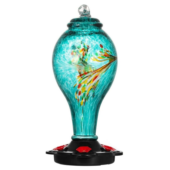 LUJII Mangeoire pour Colibris en Verre Soufflé à la Main pour Extérieur Suspendue, Étanche, Ne Décolore Jamais, 36 fl.oz, 5 Stations d'Alimentation en Métal, Bien Plus Grand, Jardin