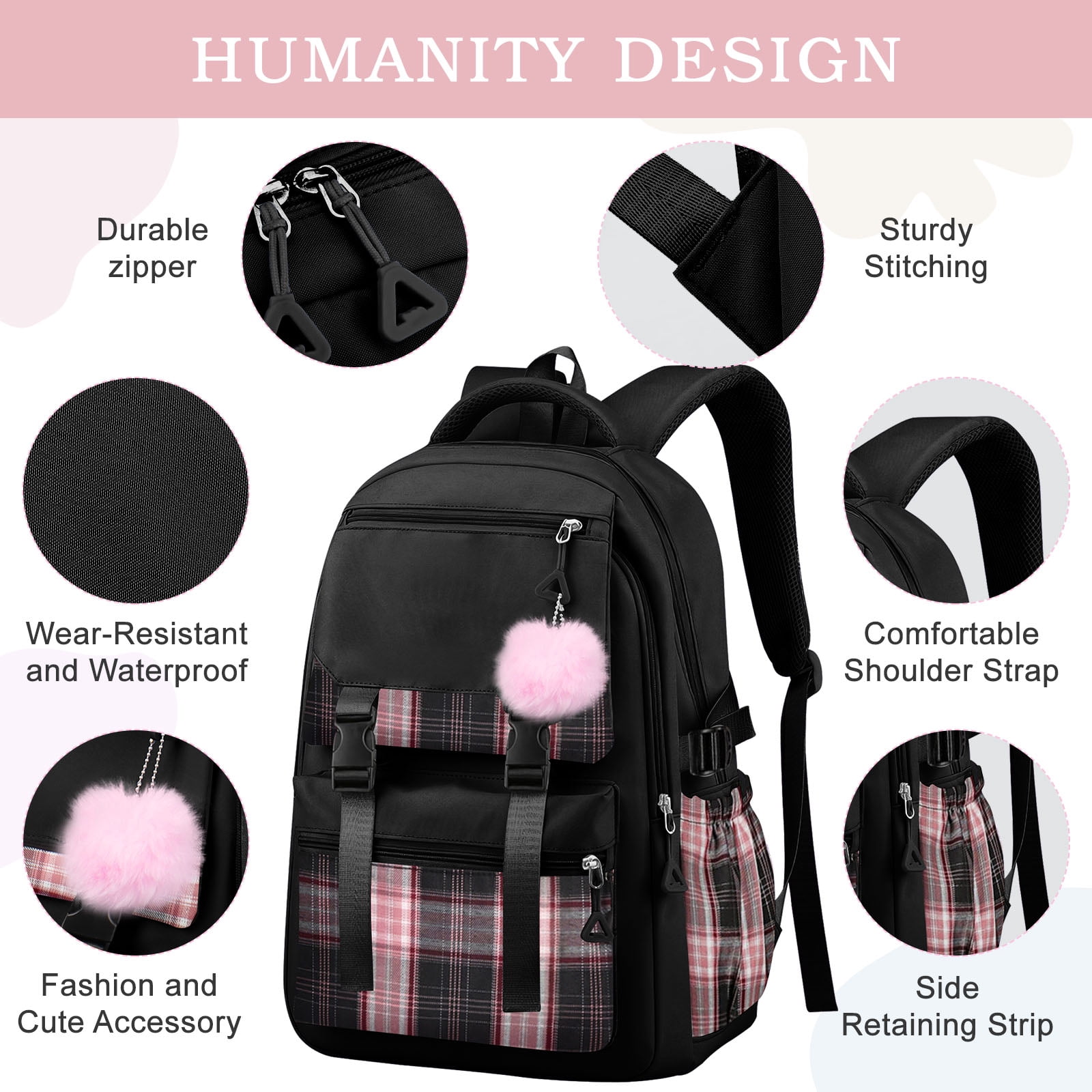 DAKIMOE Black School Backpack for School, Travel, Work, Large Capacity Waterproof Bookbag with 7 Compartments and Luggage Belt