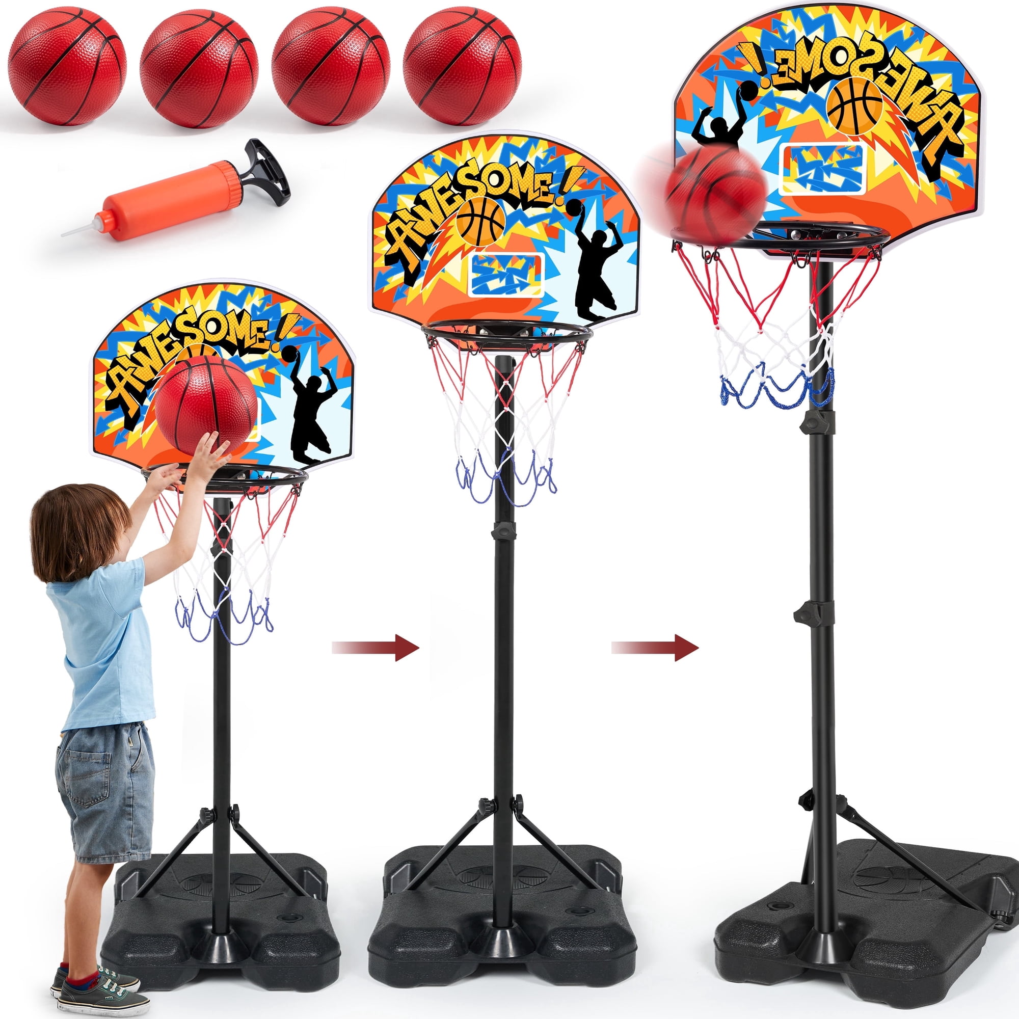 Joyfy 2.8 ft-6.2 ft Adjustable Kids Basketball Hoop with 4 Balls Toddler Baksetball Goal Toy Indoor Outdoor Basket Ball Game Set for Boys Girls Age 3 4 5 6 7 8 Gift