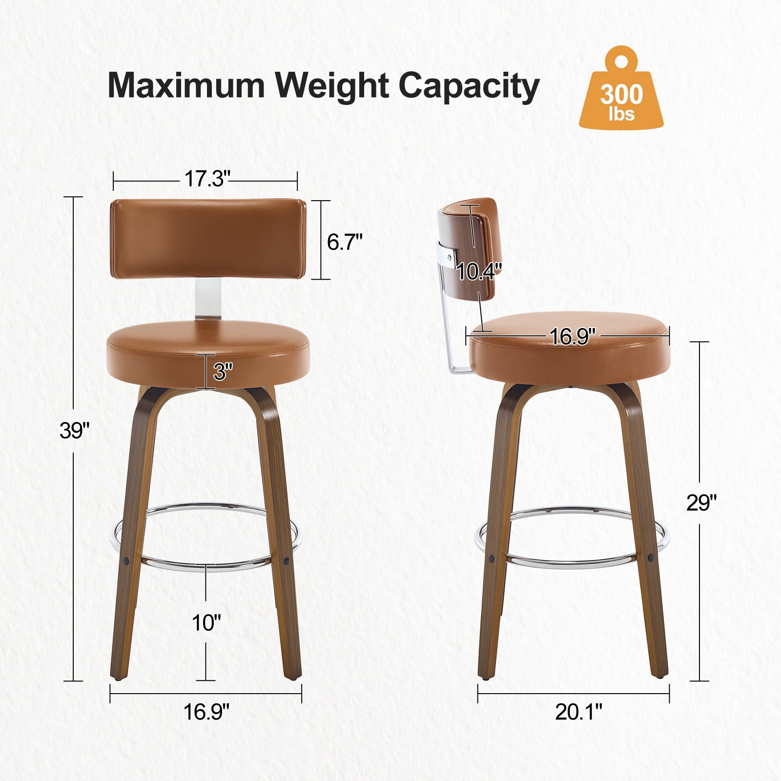 ANMINY Bar Stools Set of 2 360° Swivel with Back and Round Seat PU Leather Barstools 29" Bar Height Upholstered Bar Chairs Island Stools for Kitchen Counter