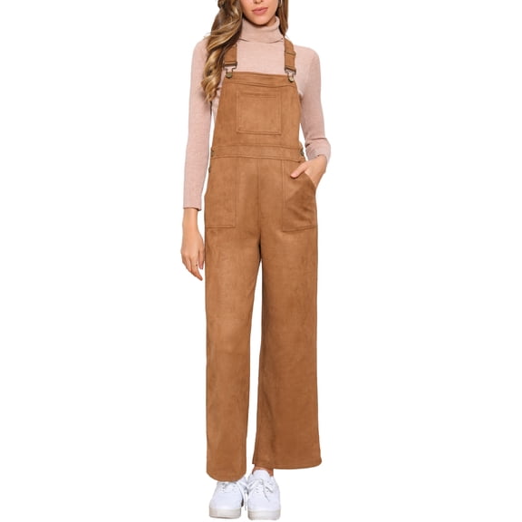 DARING DIVA Women's Adjustable Straps Wide Leg High Waisted Overalls with Pockets M Brown