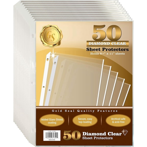 50 Count Diamond Clear Sheet Protectors, Anti Glare Coating, Standard Thickness, by Gold Seal, 8.5 x 11", Topload, 50 Pack