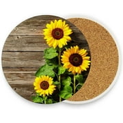 visesunny Sunflower on Wooden Board Drink Coaster Moisture Absorbing Stone Coasters with Cork Base for Tabletop Protection Prevent Furniture Damage, 2 Pieces