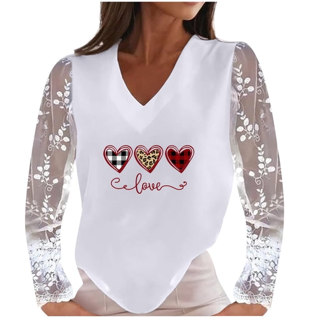 Birdeem Blouse Décontractée en Dentelle à Manches Longues Patchwork Col en V Imprimé Cœur