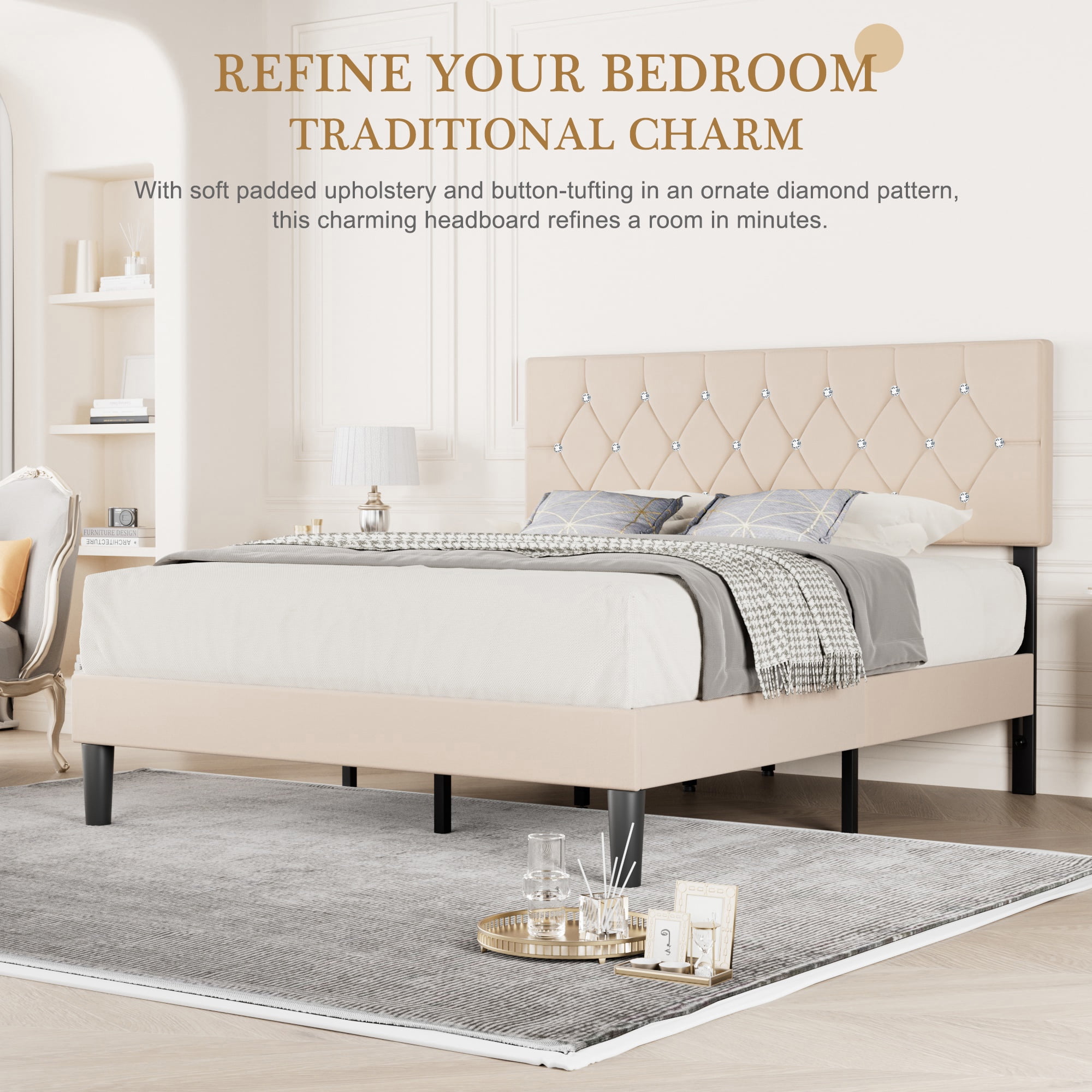 VECELO Queen Upholstered Headboard, Mid-Rise Diamond Tufted Adjustable Headboard from 39.8" to 49.8", Easy Assembly, Beige