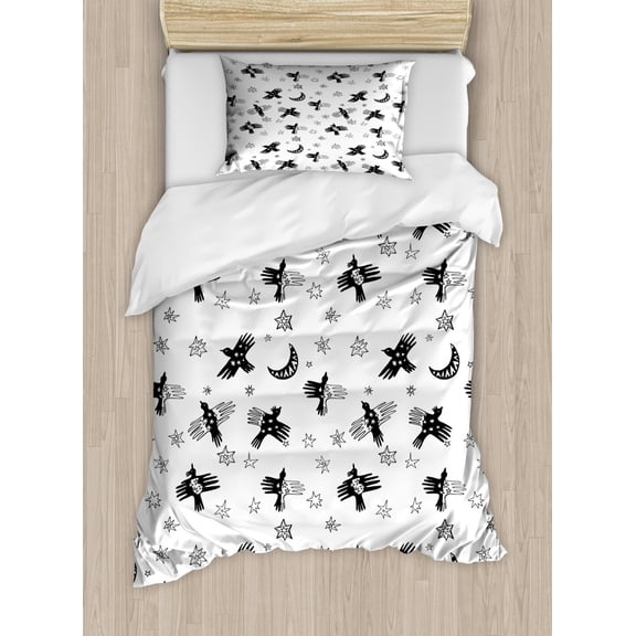 Sky Duvet Cover Set Twin Size, Monochrome Art Pattern with Hand Drawn Abstract Birds Stars and Crescent, Decorative 2 Piece Bedding Set with 1 Pillow Sham, Charcoal Grey and White, by Ambesonne