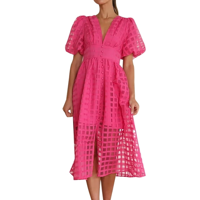 Ketyyh-chn99 Robes Femmes Grande Taille Robe Maxi Décontractée Robes T-shirt Manches Longues Robe Bohème de Plage Rose Vif,m
