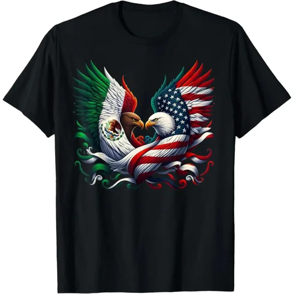 100% Cotton Unisex Vintage America Mexico Flag Graphic T-Shirt, Mexican Roots American Casual Tee For Men Women