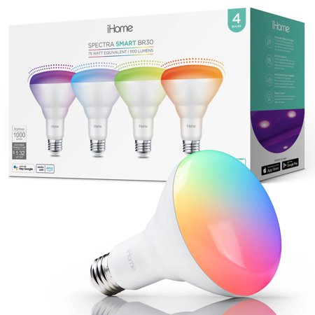 iHome Spectra Smart WiFi Light Bulbs, BR30/E26, RGBWW, 1100 Lumens 10W, Tunable, Music Sync, 4-Pack