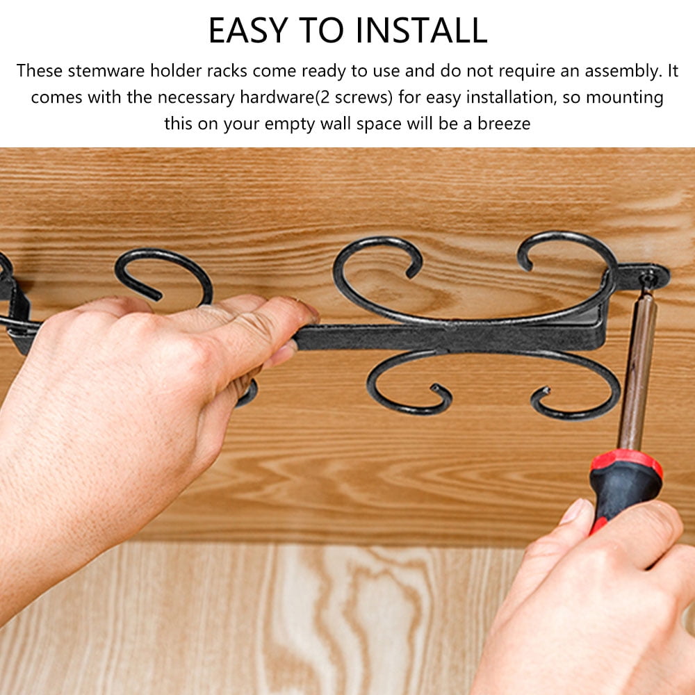 Ihvewuo Wine Glass Rack Under Cabinet Stemware Wine Glass Holder Glasses Storage Hanger Metal Organizer for Bar Kitchen Black
