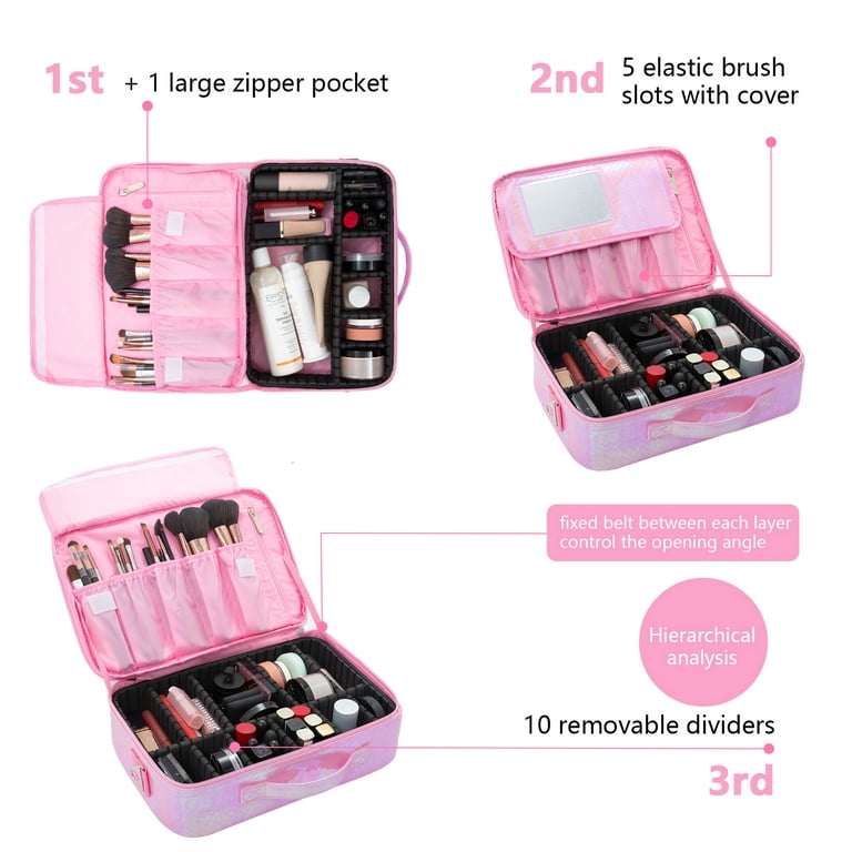 Large Capacity Travel Cosmetic Bag Organizer Makeup with Brushes Slots  Dividers