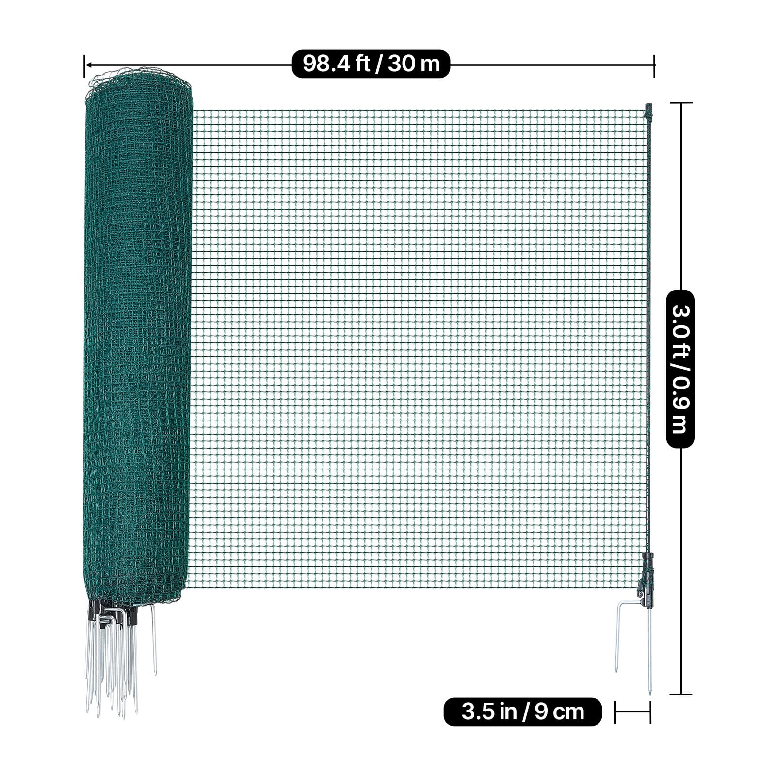 KFFKFF Temporary Fence with Posts, 3 x 98.4 FT Plastic Mesh Fencing, Garden Safety Netting with Double-Spike Stakes & Guy Ropes, Ideal for Dogs, Chickens, Plants, and Outdoor Spaces