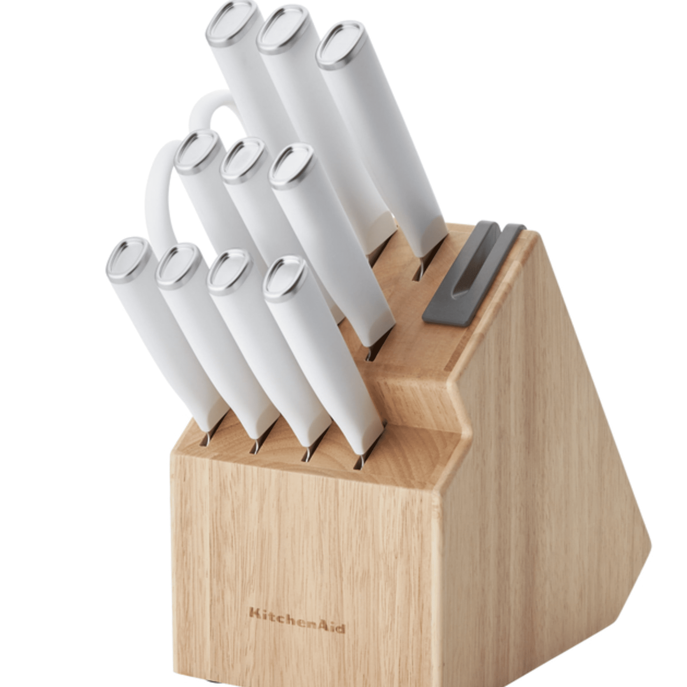 KitchenAid KKFSS14CS 14pc German Stainless Steel Knife Set Wooden Block  Maple Integrated #600 Diamond Grit Sharpener