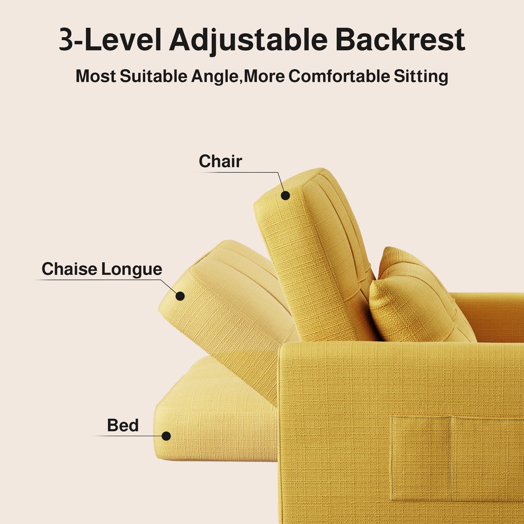 Adjustable Backrest Convertible Sofa Bed, 3-in-1 Linen Reclining Sleeper Chair, Multifunctional Couch for Living Room Bedroom Small Space, Yellow