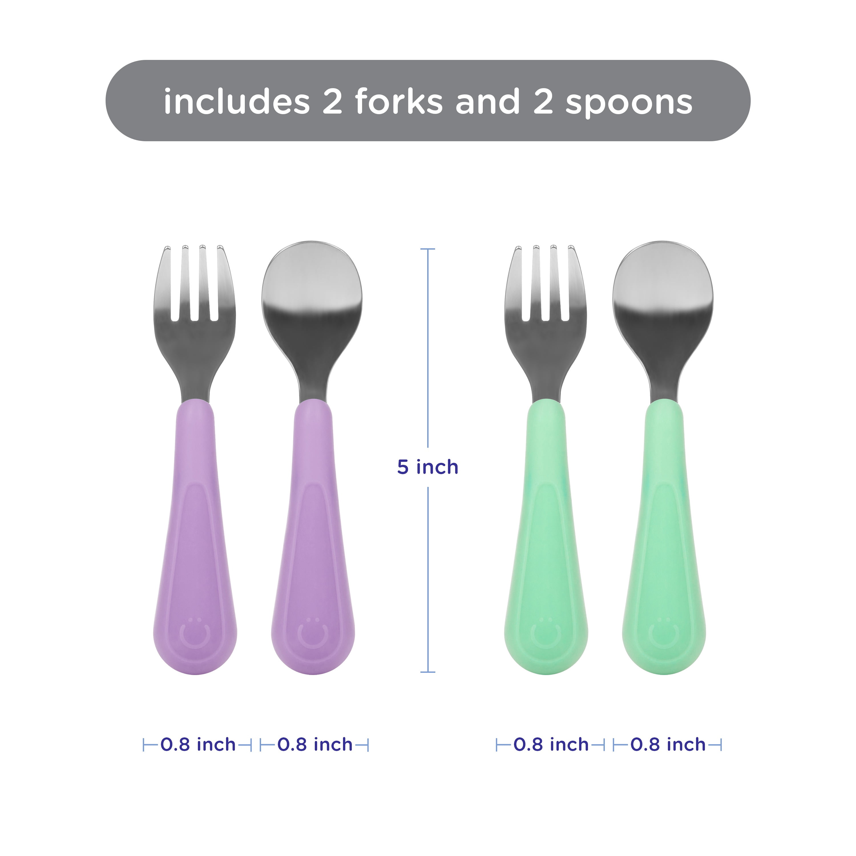 Ubbi Stainless Steel Toddler Utensil Set, Includes 2 Forks & 2 Spoons, Smoothie Purple & Sugar Snap Green, 4 Pack, Food Grade Silicone