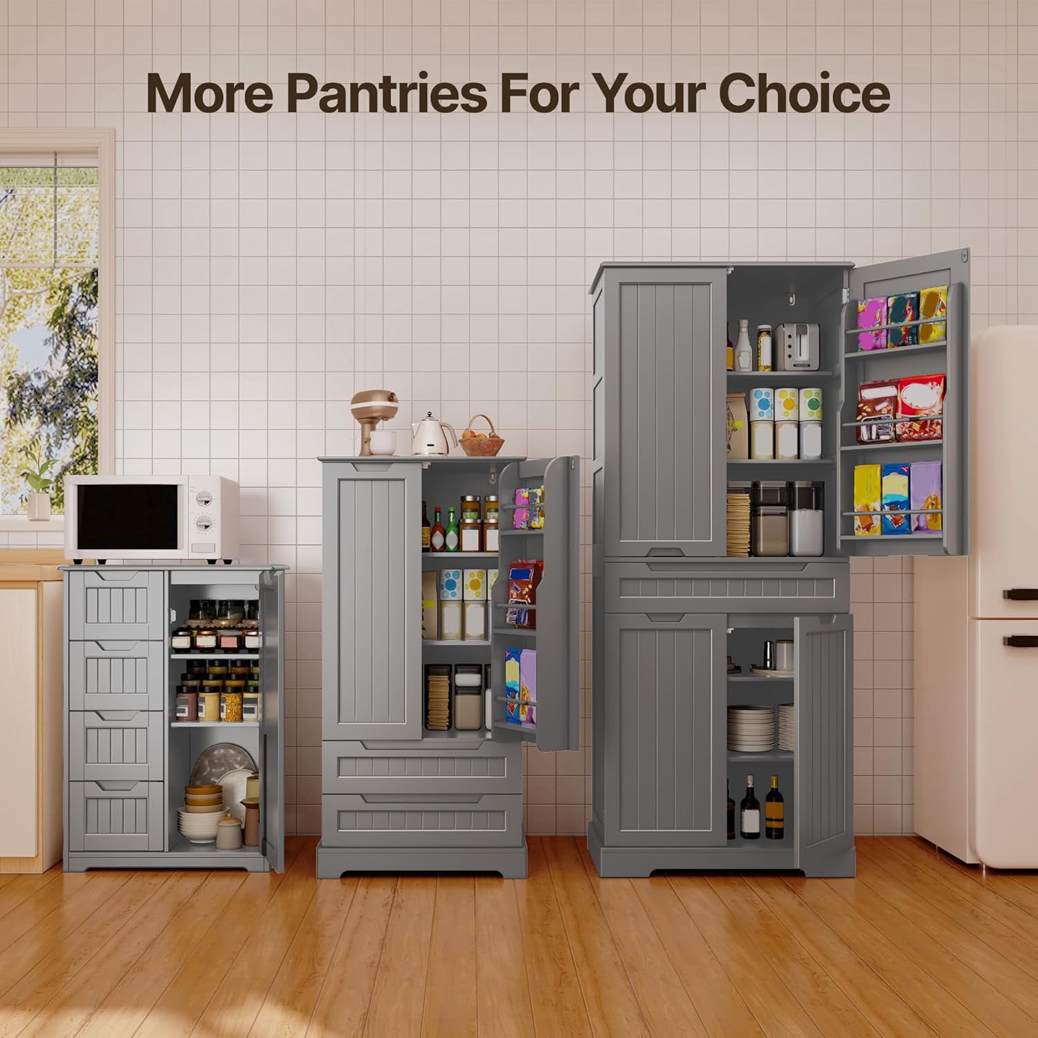 Short Pantry Storage Cabinet, Noelse 33'' Small Kitchen Pantry with 4 Drawers 3 Shelves and 1 door for Kitchen Dining Room and Bathroom, Gray