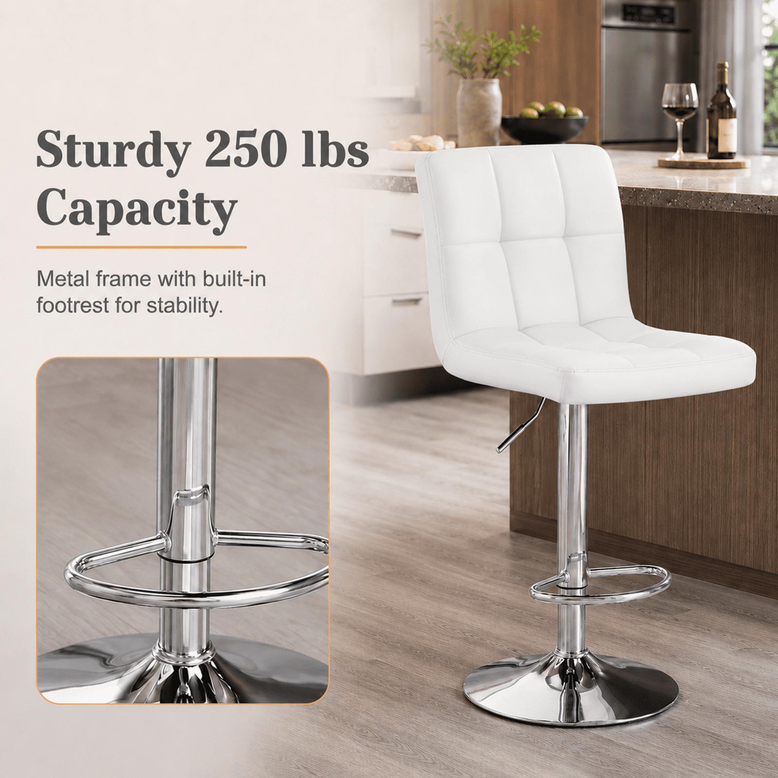Alvantor 2-Pack Bar Stools, PU Leather Height Adjustable Swivel/ Armless Barstools, Hydraulic Kitchen Counter Height Bar Chairs, Made of Waterproof Polyurethane Leather Material