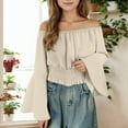 thumbnail image 2 of DHFJKG Girls Long Sleeve Shirts Off-Shoulder Solid Color Flares Sleve Elastic Waist Casual Crop Top Soft Tops, 2 of 4