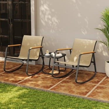 Asofer 3-Piece Outdoor Rocking Bistro Set, Patio Furniture Set with Glass Table for Poolside, Porch, Lawn, Brown