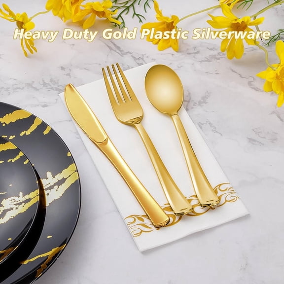 150PCS Gold Plastic Silverware, Gold Utensils Disposable, Plastic Cutlery Set of 50 Gold Forks, 50 Gold Spoons, 50 Gold Knives for Wedding, Party, Birthday, Holidays