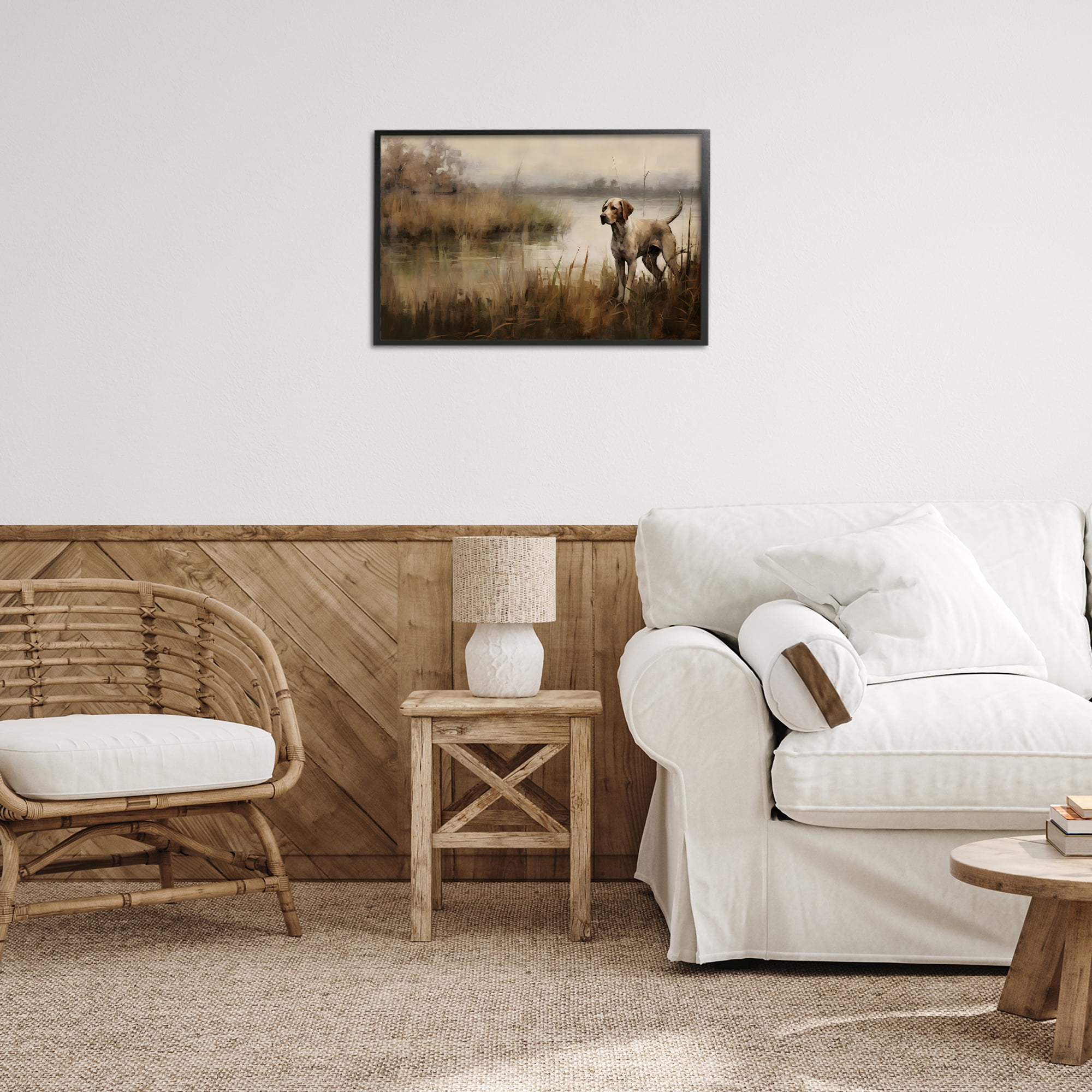 Stupell Industries Hunting Dog in Nature Landscape Painting Black Framed Art Print Wall Art, 24 x 16