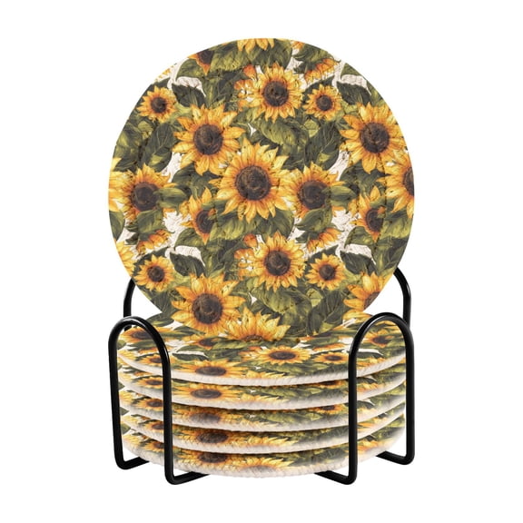 Sunflowers and Leaf Drink Coasters with Holder Absorbent Coaster for Coffee Table Room Decor 6 Pack
