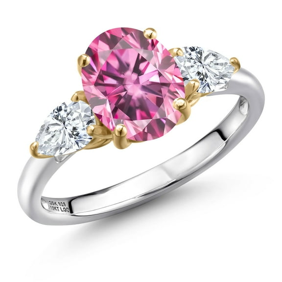 Gem Stone King 925 Silver and 10K Yellow Gold Pink Moissanite and F - G Lab Grown Diamond Engagement Ring for Women | 2.70 Cttw | Oval 9X7MM | Gemstone Birthstone | Size 8