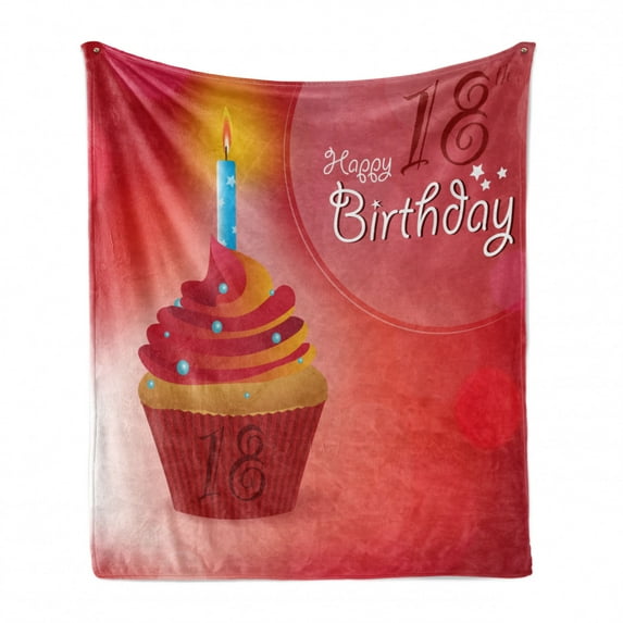 18th Birthday Soft Flannel Fleece Throw Blanket, 18 Party Birthday Cupcake with Candles Artwork Print, Cozy Plush for Indoor and Outdoor Use, 70" x 90", Hot Pink Red and Orange, by Ambesonne