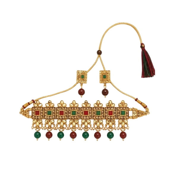 Traditional Women’s Gold-Tone Choker Necklace Set with Red & Green Stones and Beaded Drops – Elegant Ethnic Jewelry