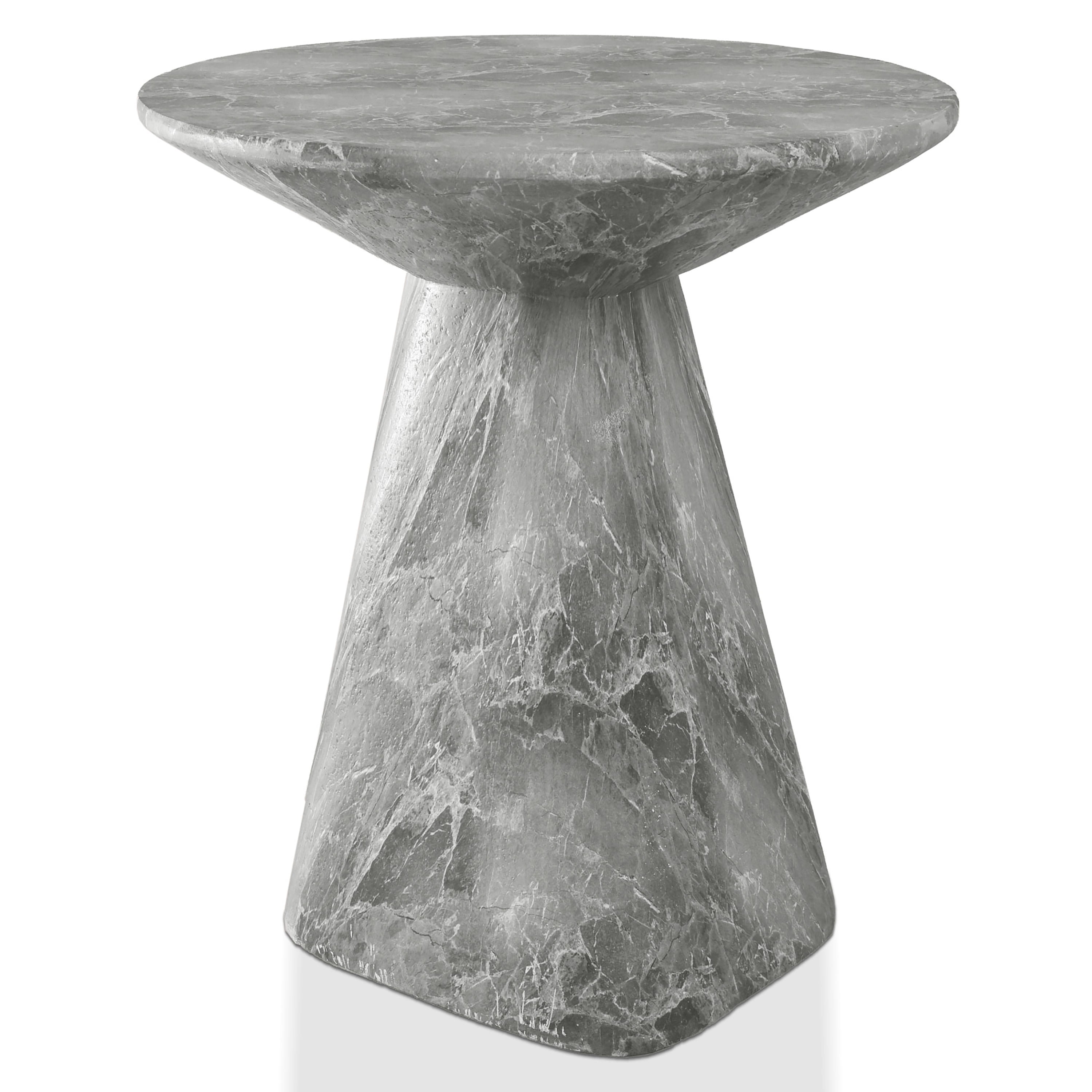 Furniture of America Isla Modern Stone Indoor & Covered Patio Round Sculptural Pedestal End Table, Gray Marble