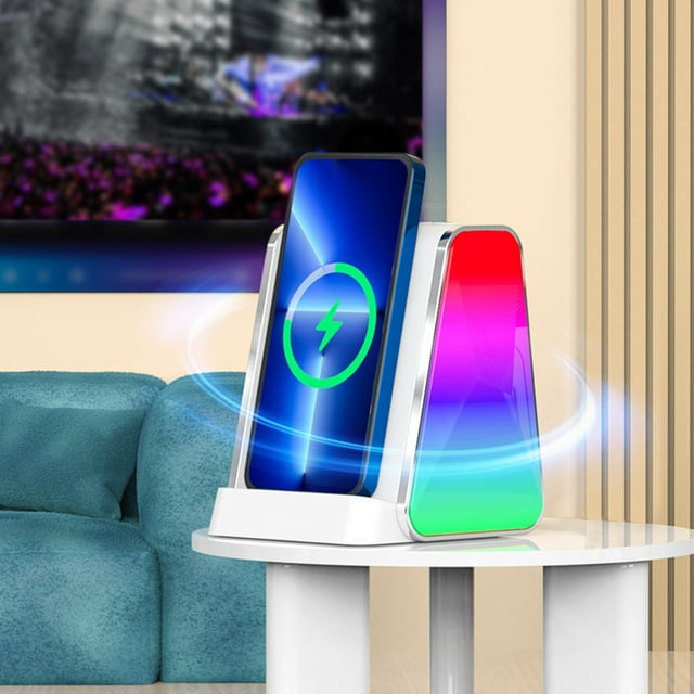 Cargador inalámbrico, cargador portátil en 1, carga inalámbrica con altavoz Bluetooth, carga rápida de 15 W, luces de colores geniales, Bluetooth 5.3, audio inalámbrico, carga inalámbrica