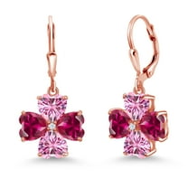 Gem Stone King 18K Rose Gold Plated Silver Red Created Ruby and Pink Moissanite Dangle Earrings for Women (7.07 Cttw, Gemstone July Birthstone, Heart Shape 6MM)
