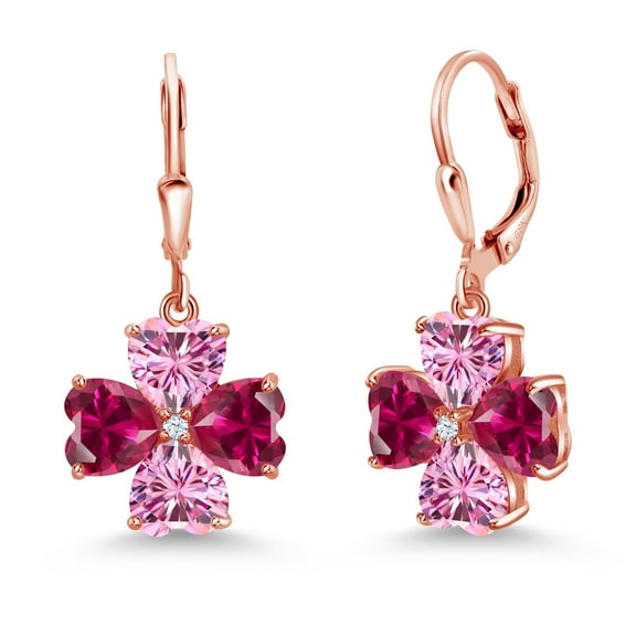 Gem Stone King 18K Rose Gold Plated Silver Red Created Ruby and Pink Moissanite Dangle Earrings for Women (7.07 Cttw, Gemstone July Birthstone, Heart Shape 6MM)
