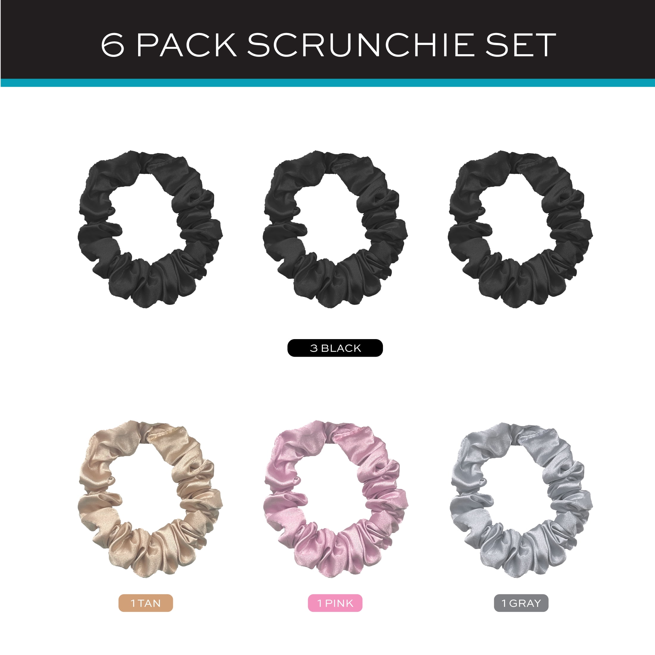 (4 pack) John Frieda Skinny Satin Scrunchies 6-Pack Neutral Colors Hair Ties