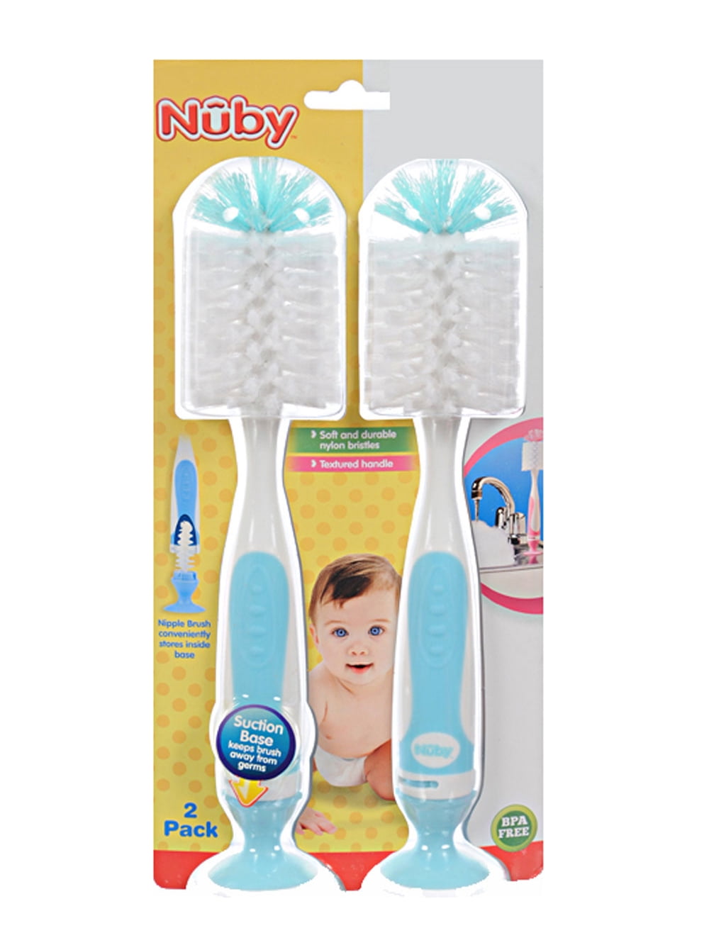 Nuby Baby 2Pack 2In1 Bottle Brushes With Suction Base blue, one